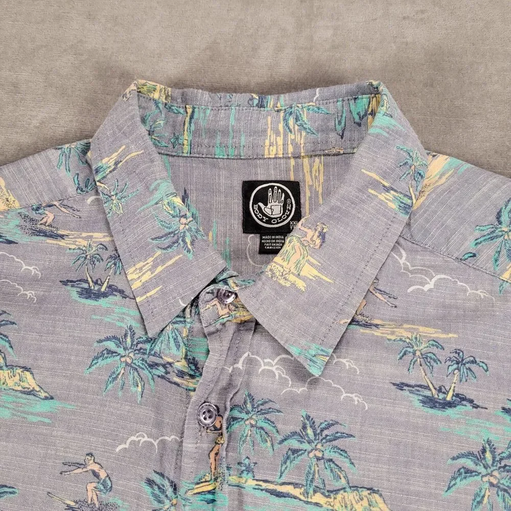 Body Glove Shirt Mens Large Blue Button Up Hawaiian Surfing Hula Girl Retro Logo